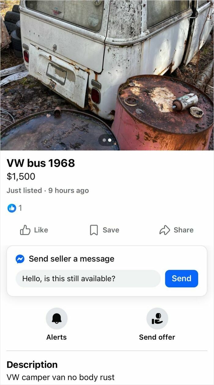Rusty VW bus 1968 for sale with barrels nearby, one of the wildest things found on Facebook Marketplace.
