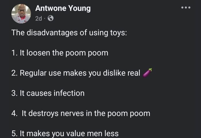 Screenshot of a social media post listing outrageous hot takes about the disadvantages of using toys.