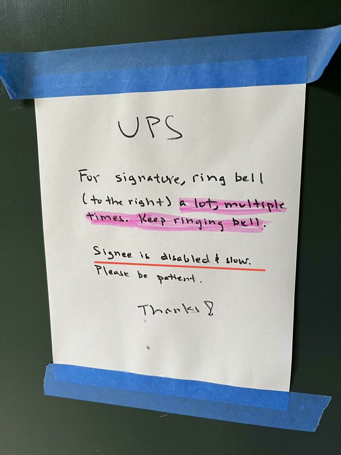 Handwritten note taped on door for UPS delivery with instructions to ring bell multiple times and be patient, funny work-from-home meme.