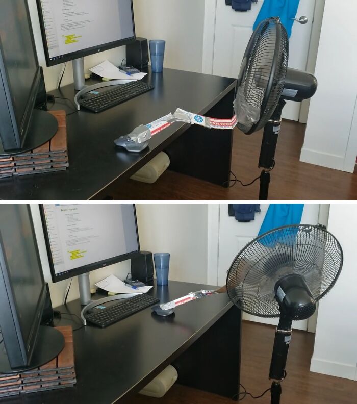 Work-from-home meme showing a DIY fan setup with a remote taped to a desk to cool the workspace.
