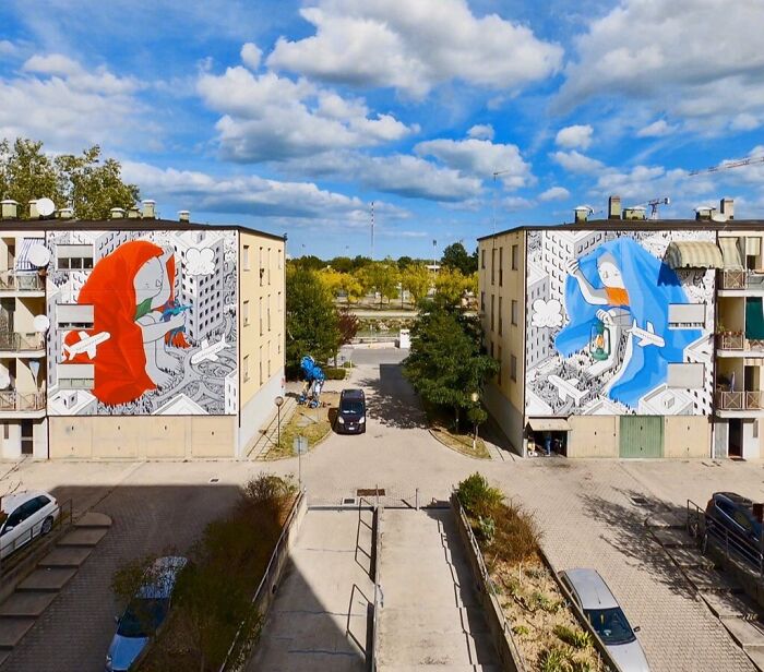 Two large murals by an Italian artist transform city walls into whimsical worlds with colorful and imaginative characters.