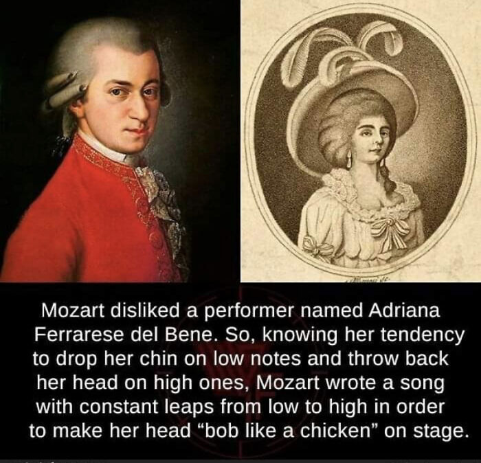 Historical portrait of Mozart paired with a sketch and text explaining a humorous story about his music and performer behavior.