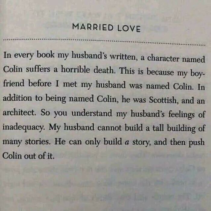 Text about a husband’s jealousy making a character named Colin suffer a horrible death, featuring main characters humor.