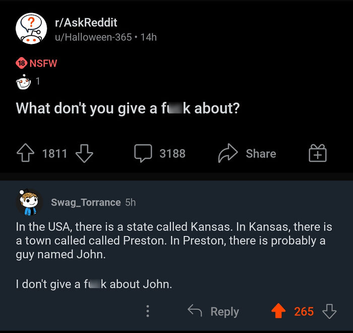 Reddit thread showing a humorous NSFW comment about indifference, featuring main characters in funny situations.