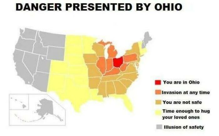 Map illustrating danger levels presented by Ohio, humorously showing areas with invasion risk and safety illusions.