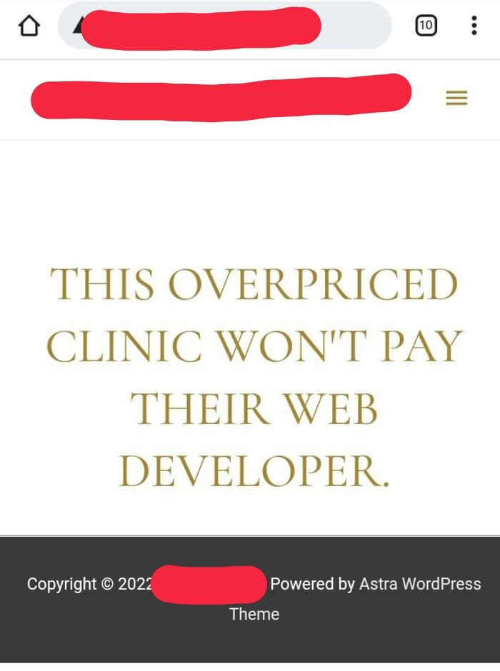 Text on a website screenshot humorously highlighting a clinic refusing to pay their web developer, illustrating main characters in worst and hilarious ways.