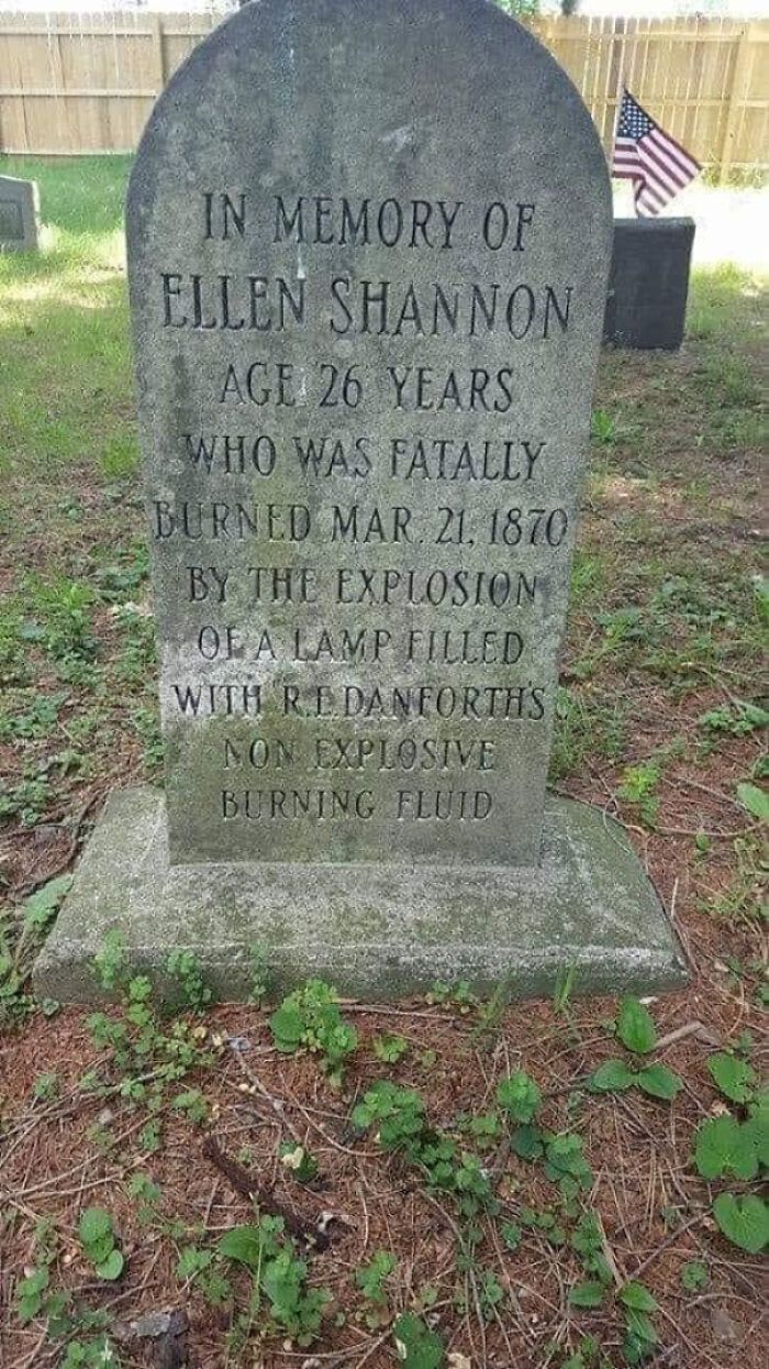 Gravestone of Ellen Shannon, who fatally burned in a lamp explosion, a darkly hilarious main character moment.