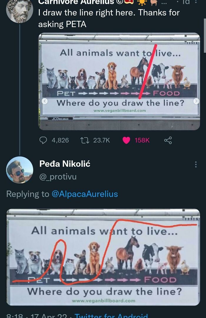 Screenshot of social media posts sharing humorous billboard about animals as pets versus food, highlighting main character moments.