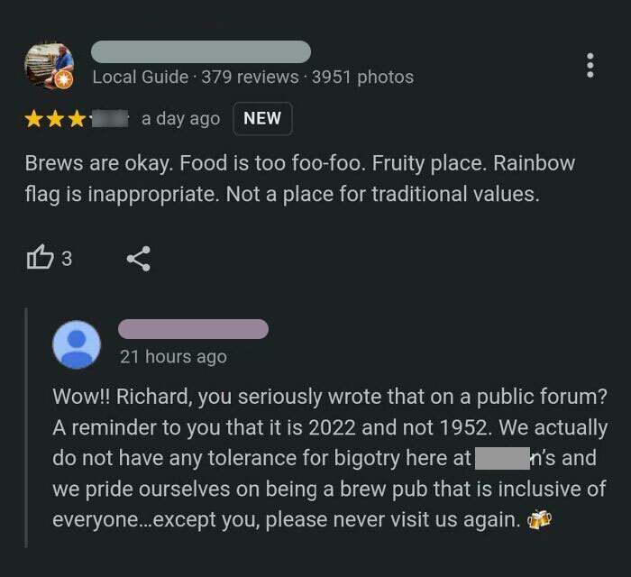 Screenshot of a hilarious and worst main character moment in a public review response about a brew pub controversy.