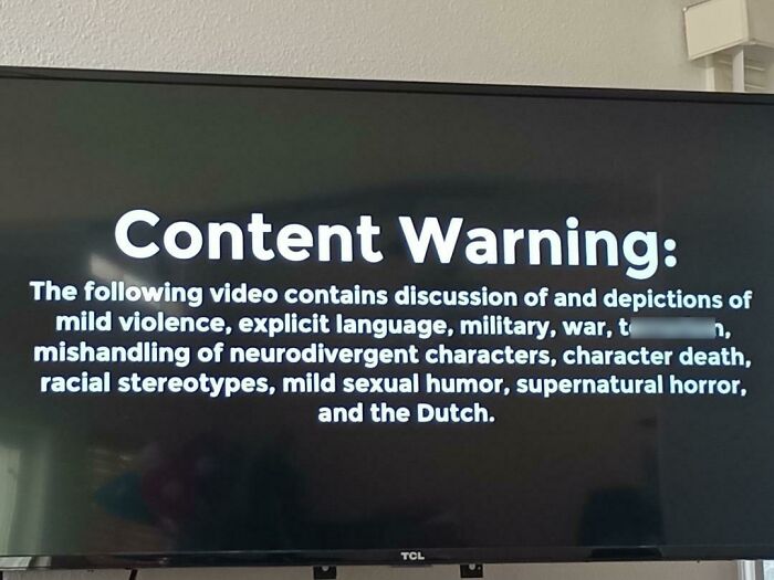 Content warning screen listing mature themes including violence and humor, related to main characters in hilarious situations.