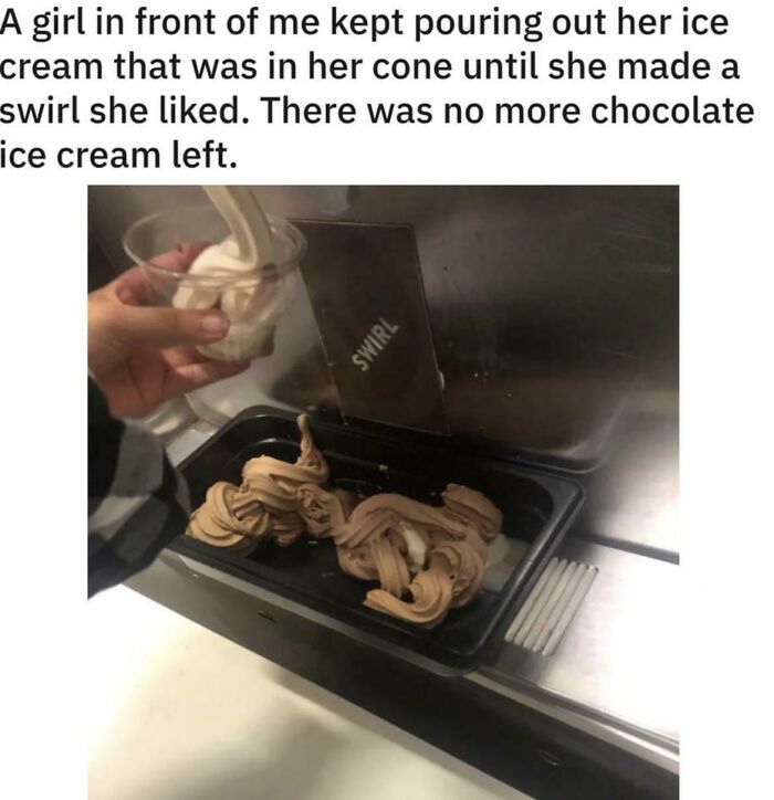 A girl pours all the chocolate ice cream from the swirl machine, ending up with a mess instead of a cone.