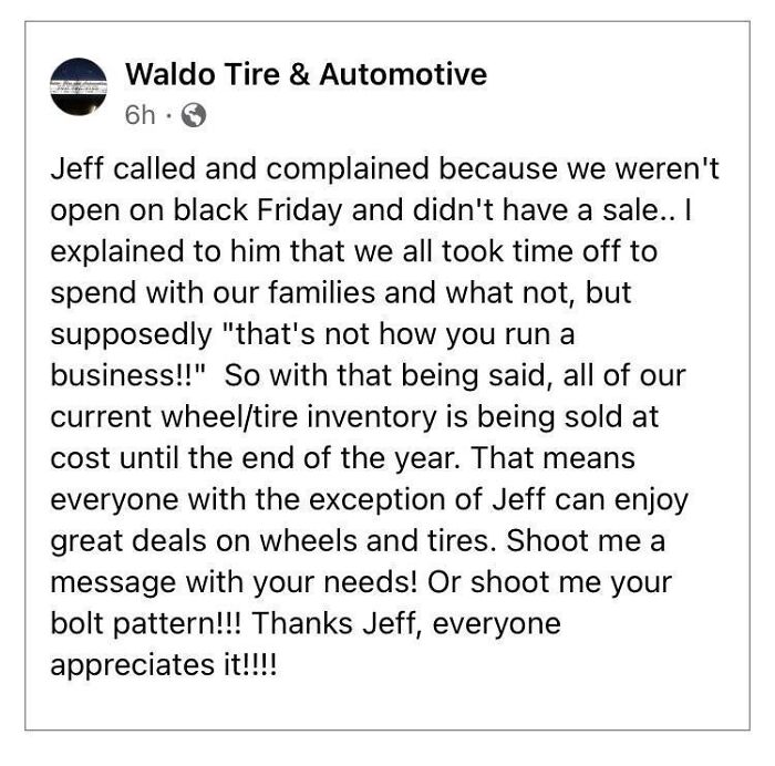 Funny customer complaint about Black Friday sales leads to a tire shop offering discounted wheels and tires to everyone but one person.