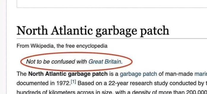 Screenshot of North Atlantic garbage patch Wikipedia entry with a humorous note about not being confused with Great Britain.