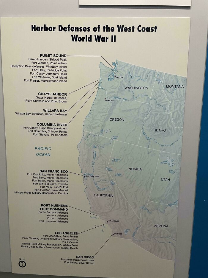 Map showing World War II harbor defenses along the West Coast including key military forts and locations.