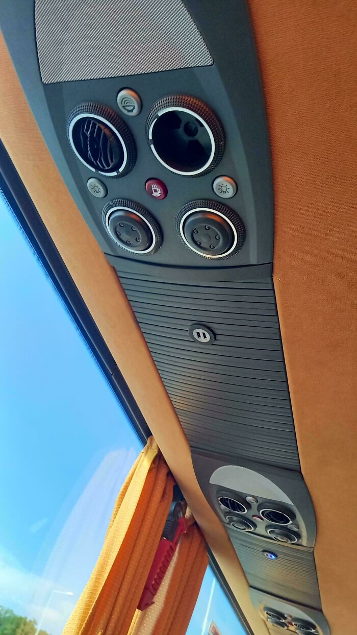 Bus ceiling controls with vents and buttons showing a hilarious main character fail in everyday situations.