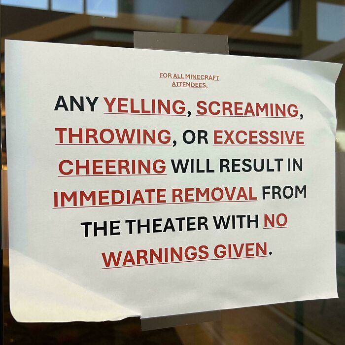 Warning sign for Minecraft attendees about yelling, screaming, and throwing causing immediate removal, illustrating main character moments.