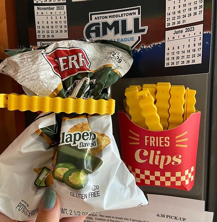 Fries clips used to seal a chip bag, perfect unique Father’s Day finds to spoil your old man without socks
