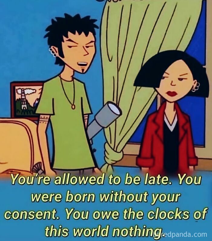 Two cartoon characters in a room with curtains discussing outrageous hot takes and personal freedom in a casual setting.