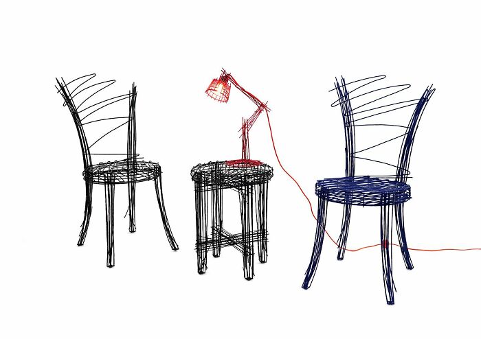 Furniture pieces designed to look like doodles from a notebook, featuring sketch-style chairs and a lamp on a stool.