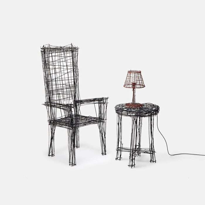 Wireframe furniture pieces that look like doodles including a chair, side table, and lamp with a notebook sketch style.