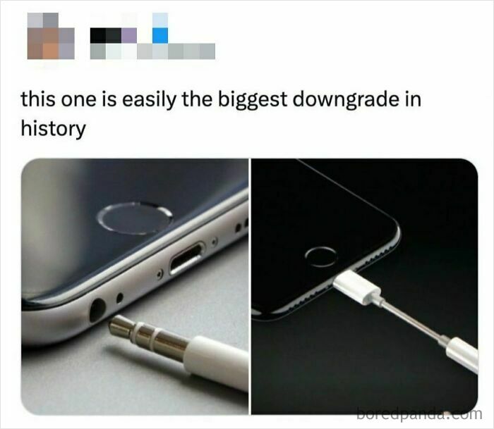 Comparison of old and new phone headphone jacks shown in a funny random meme to make you giggle like a schoolgirl.