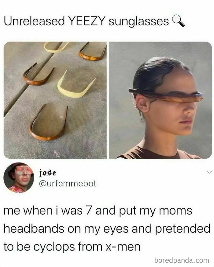 Funny random meme showing a person wearing headbands as sunglasses, humorously pretending to be Cyclops from X-Men.