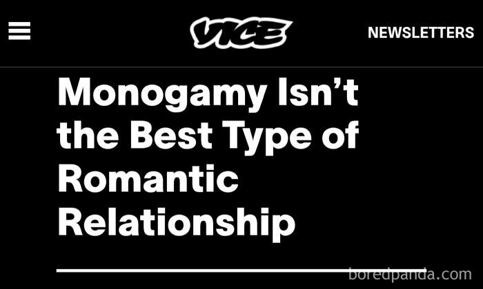 Text from Vice article stating Monogamy isn't the best type of romantic relationship as an example of outrageous hot takes shared publicly.