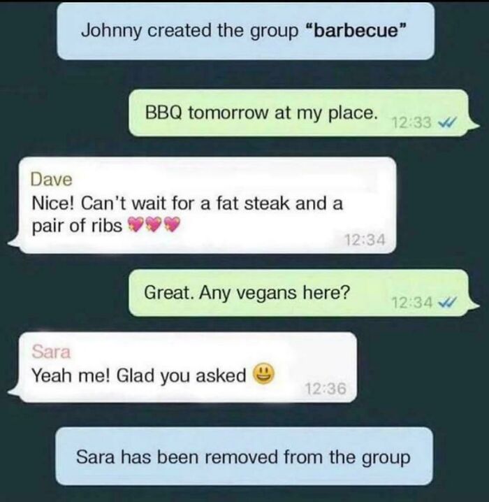 Text message conversation about a BBQ where a vegan is humorously removed from the group, showing main character fails.