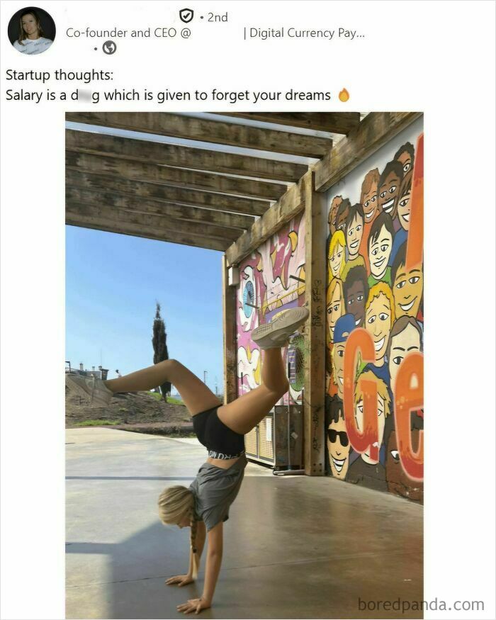 Woman doing a handstand near colorful graffiti wall, part of outrageous hot takes people shared publicly collection.