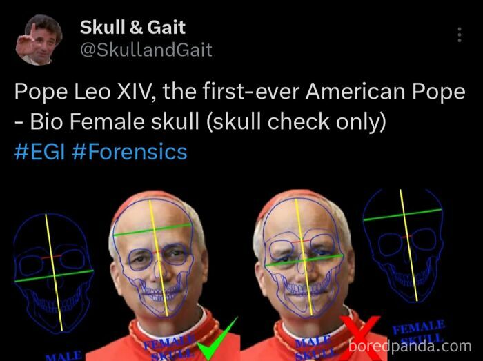 Screenshot of a hot take claiming Pope Leo XIV is the first American Pope based on forensic skull analysis.