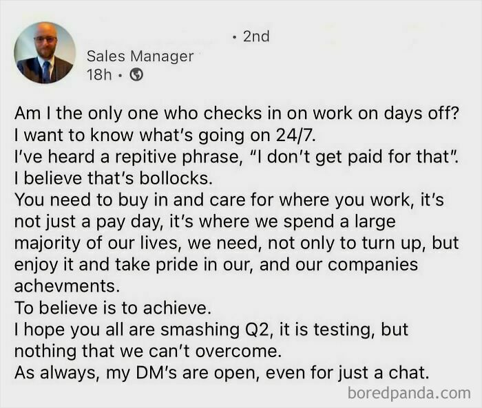 A screenshot of a social media post showing a sales manager sharing a controversial hot take about work ethic and company pride.