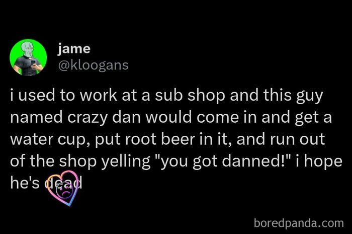 Screenshot of a funny outrageous hot take about a man prank calling a sub shop with root beer in a water cup.