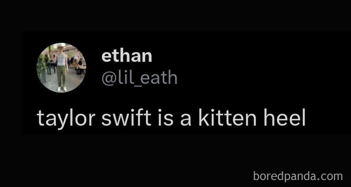 Alt text: A funny hot take shared publicly comparing Taylor Swift to a kitten heel in a social media post.