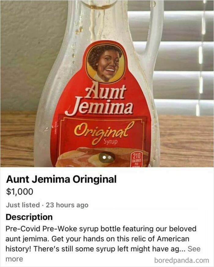 A vintage Aunt Jemima syrup bottle listed for sale, representing an outrageous hot take shared publicly.