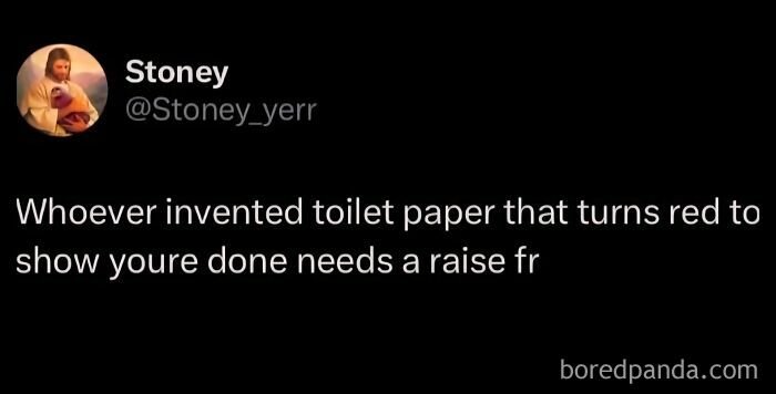 Tweet by Stoney criticizing the idea of toilet paper that turns red, featured in outrageous hot takes shared publicly.
