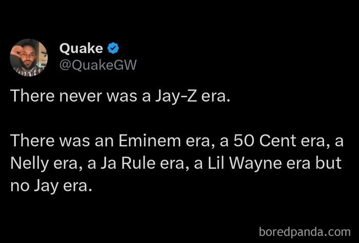 Screenshot of a hot take tweet claiming there was no Jay-Z era, referencing multiple other rap eras shared publicly.