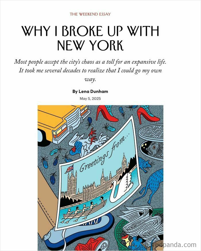 Illustration of a chaotic city scene with a postcard, red heels, and a taxi highlighting outrageous hot takes shared publicly.