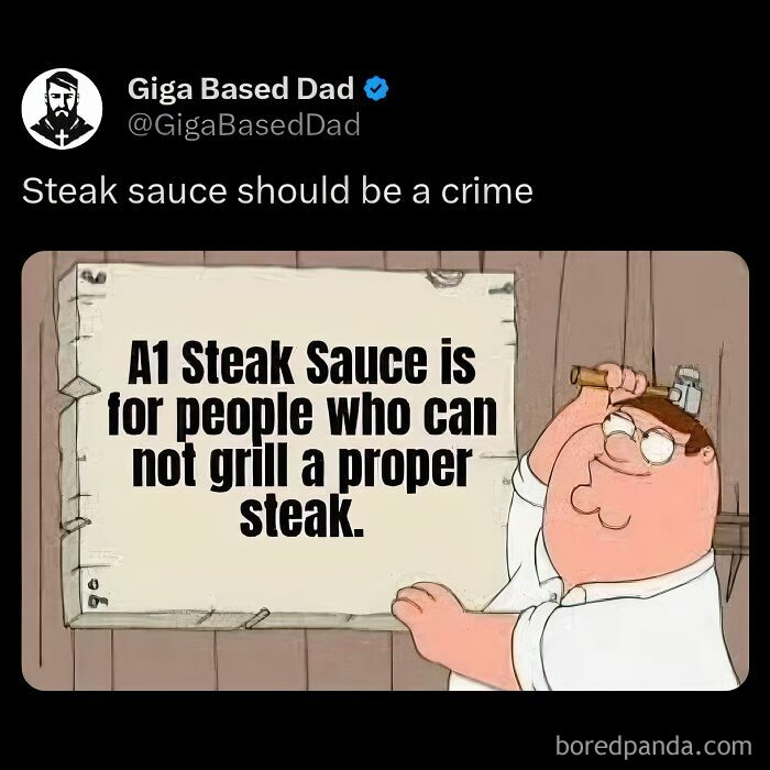 Tweet showing a hot take about steak sauce with an animated character holding a sign sharing an outrageous opinion.