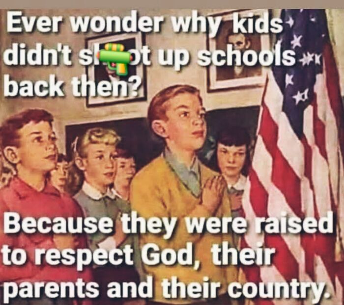 Group of children standing by an American flag with text sharing a controversial hot take about respect and school shootings.