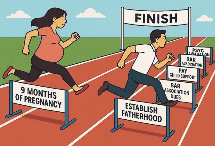 Pregnant woman and man racing on track with hurdles labeled 9 months pregnancy, fatherhood, child support in outrageous hot takes.