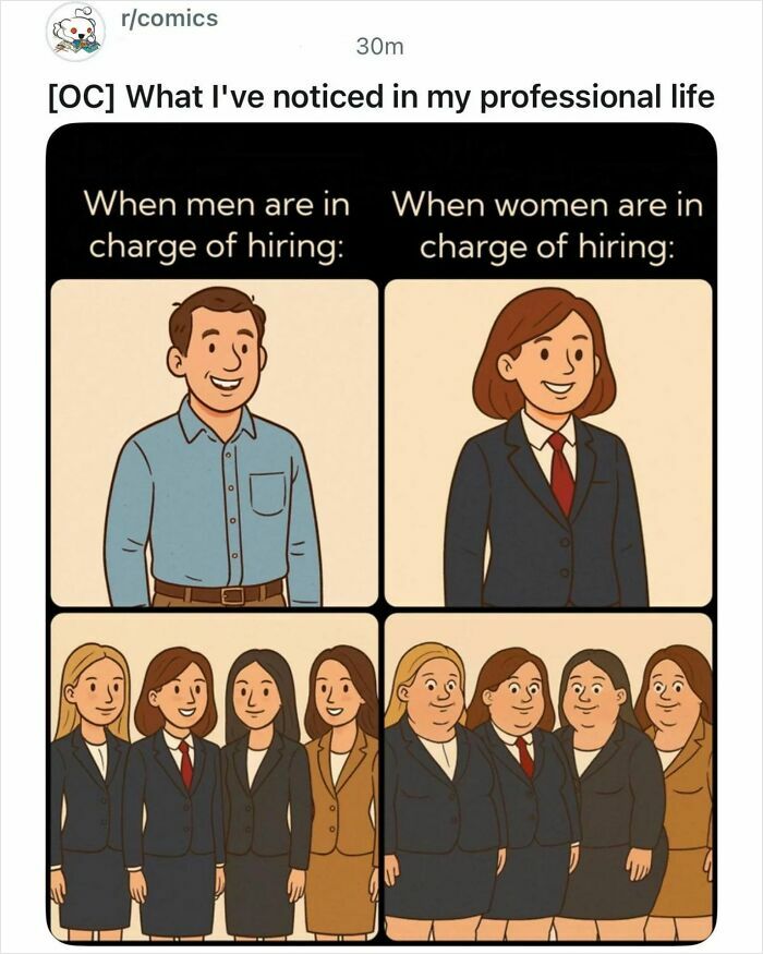 Cartoon comparison of men and women in charge of hiring with groups of women hired, illustrating hot takes on hiring practices.