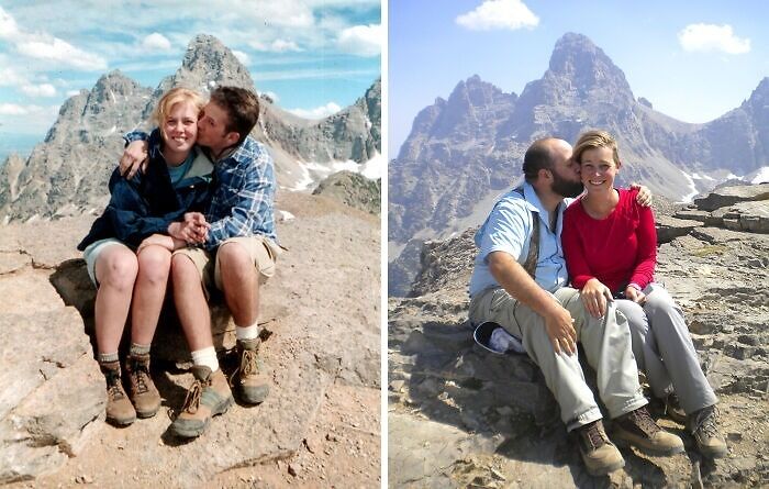 Couple sitting on a rocky mountain, showing how time changed people but not their love for each other in two photos years apart.