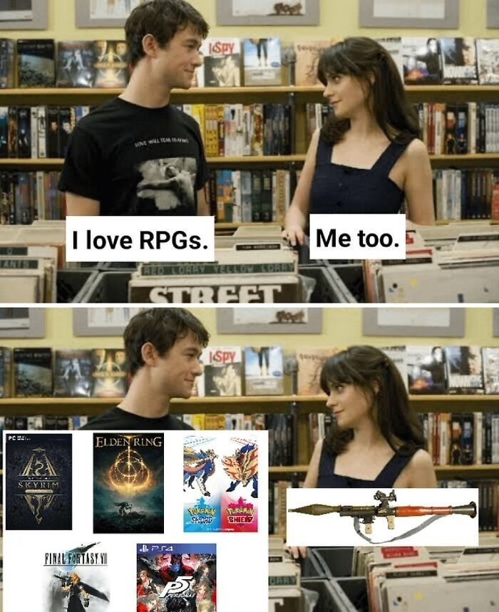 Two people in a record store, sharing chaotic memes about RPG games contrasted with a weapon, reflecting chaotic meme humor.