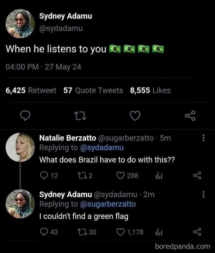 Twitter exchange showing chaotic memes humor with green flag emojis and a humorous misunderstanding involving Brazil flags.