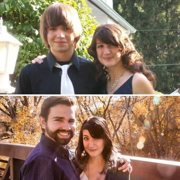 Young couple and same couple years later showing how time changed people but not their love for each other outdoors.