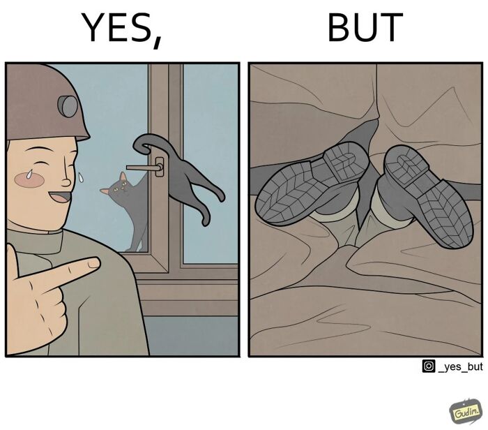 Comic panels from Yes But series showing contradictory scenes with a cat and soldier, depicting society’s contradictory nature.