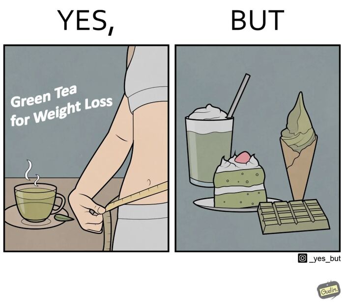 Comic illustrating society’s contradictory nature with green tea for weight loss versus indulgent desserts.