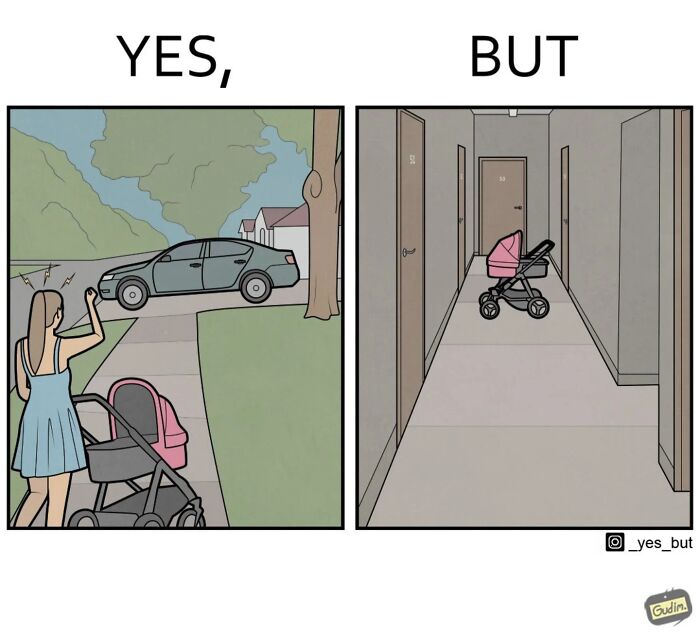 A “Yes, But” comic showing a woman with a stroller outside and an empty stroller left in a hallway indoors.