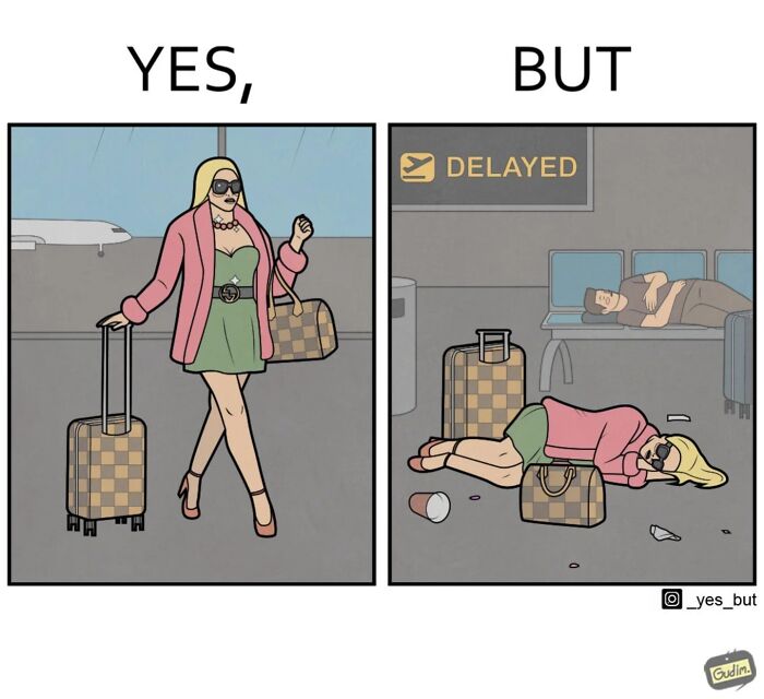 Woman confidently walking with luggage in airport yes panel, then lying on floor near delayed flight sign in but panel depicting societal contradiction.