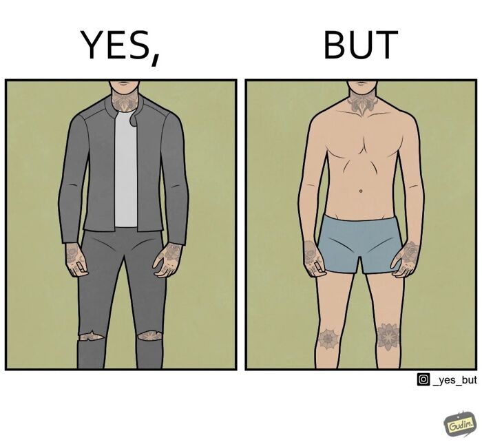 Comic panels showing a tattooed man dressed fully labeled yes and the same man in underwear labeled but, highlighting contradictory nature.